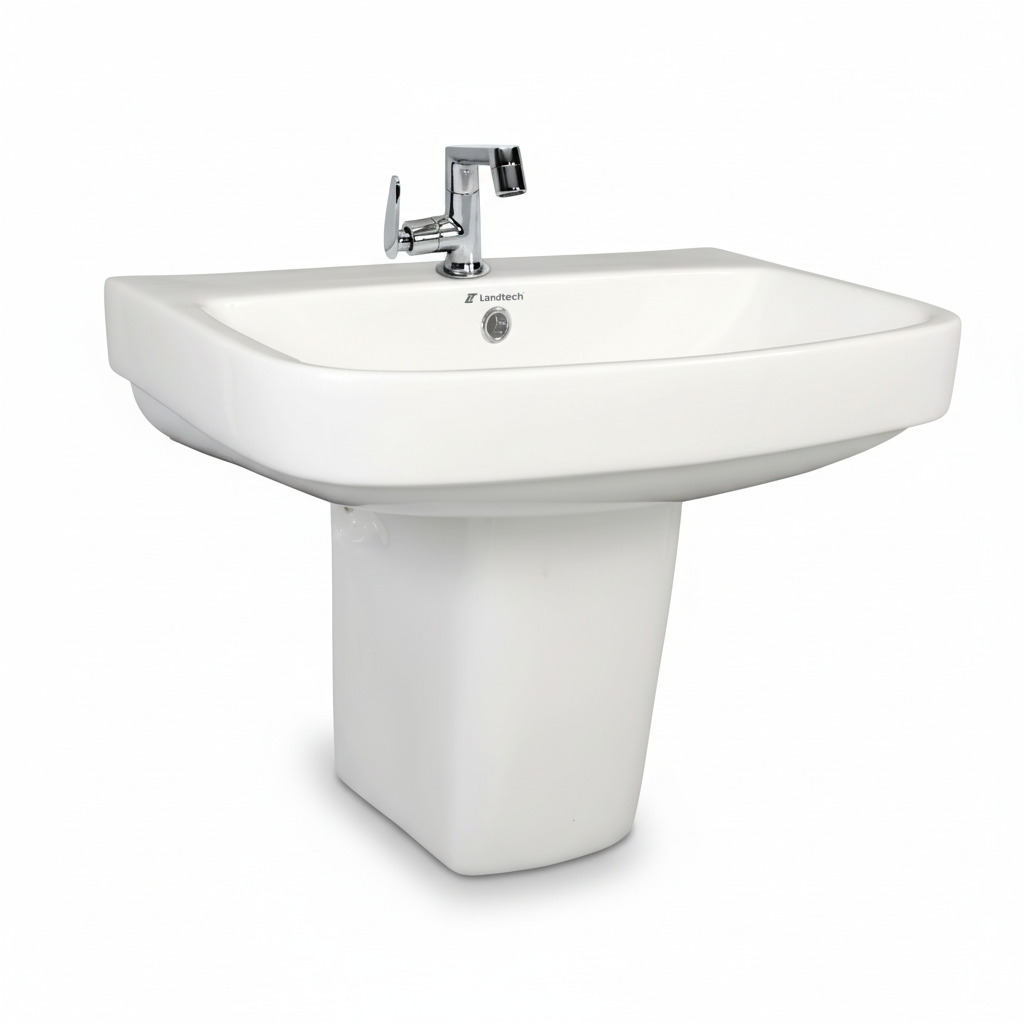 Landtech EcoLux LT-109 Wash Basin with Half Pedestal | 410×560×475mm | Wall-Hung Ceramic Basin | White