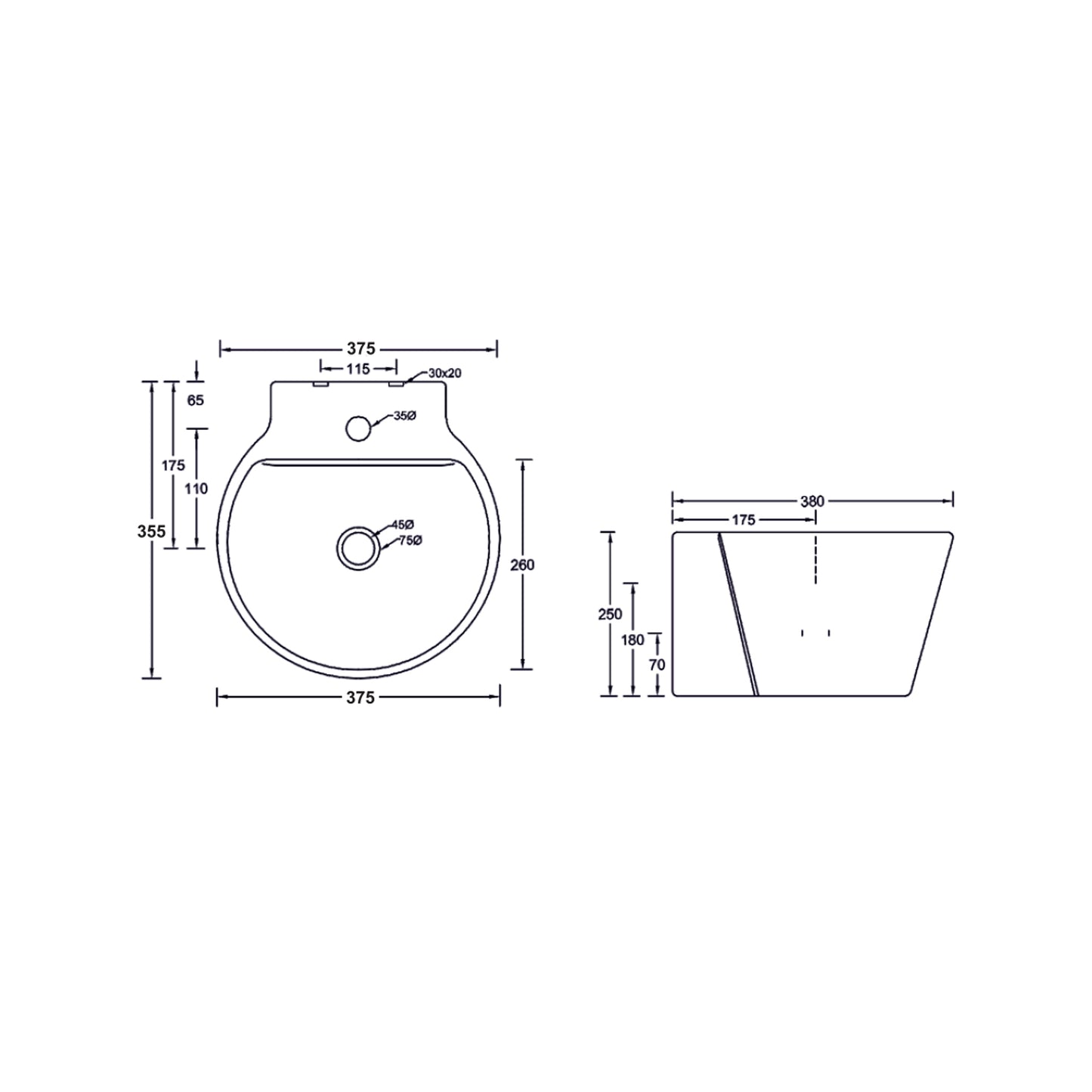 Landtech Celestial LT-112 Wall-Hung One-Piece Basin | 380×360×270 mm
