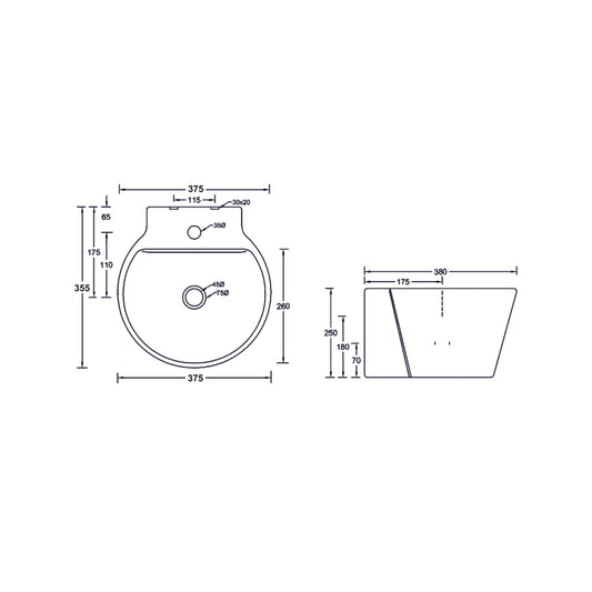 Landtech Celestial LT-112 Wall-Hung One-Piece Basin | 380×360×270 mm