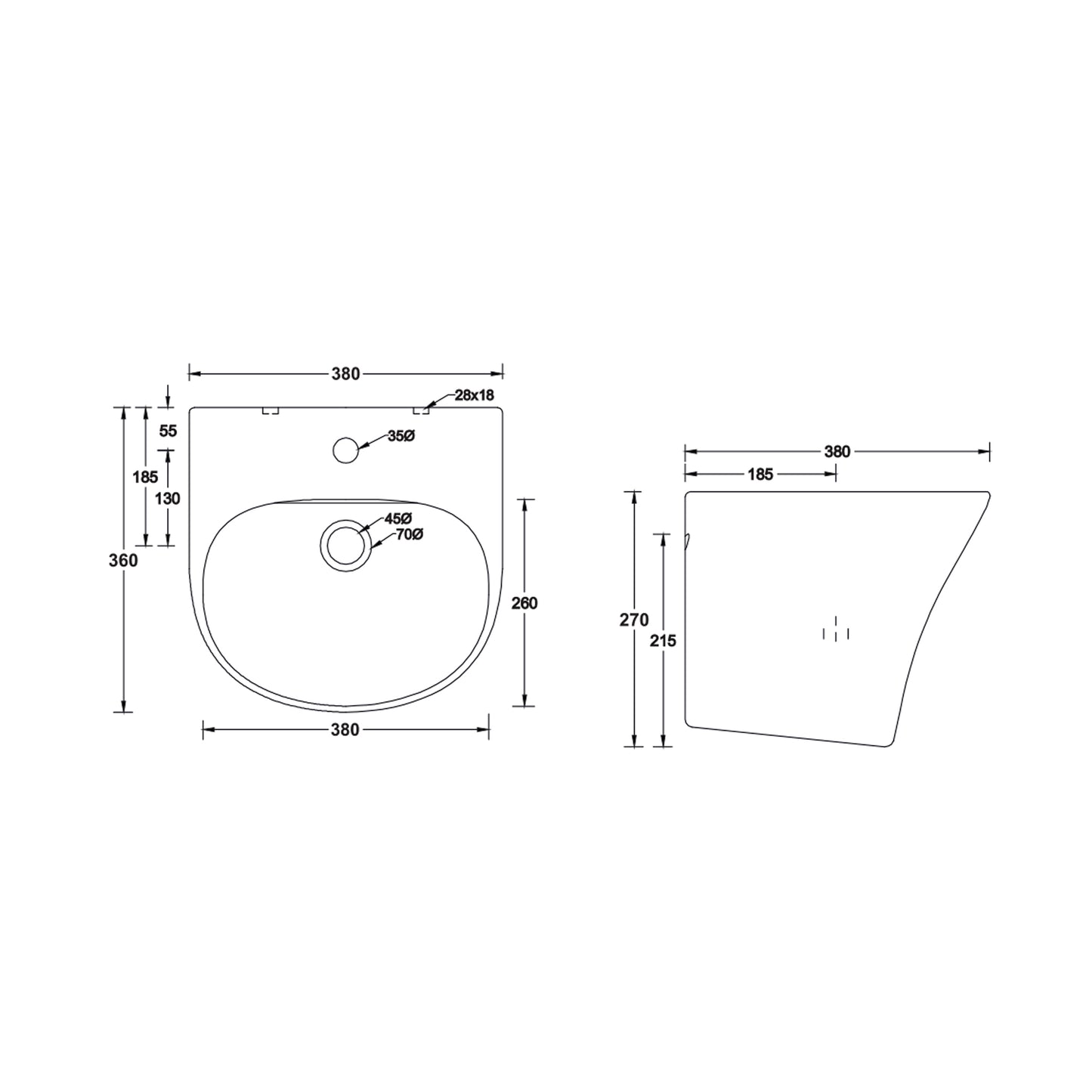Landtech Elegance LT-111 Wall Hung One-Piece, Basin 380×360×270mm,  Ceramic Wash Basin, White