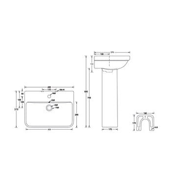 LandTech Infinia LT-117 Wash Basin Without Pedestal | 455×370×820mm | Wall-Mounted Ceramic Basin | White