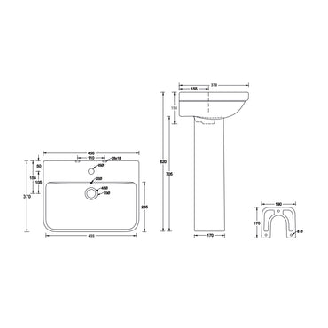 Landtech Infinia LT-118 Wash Basin with Full Pedestal | 455×370×820mm | Ceramic Pedestal Basin | White