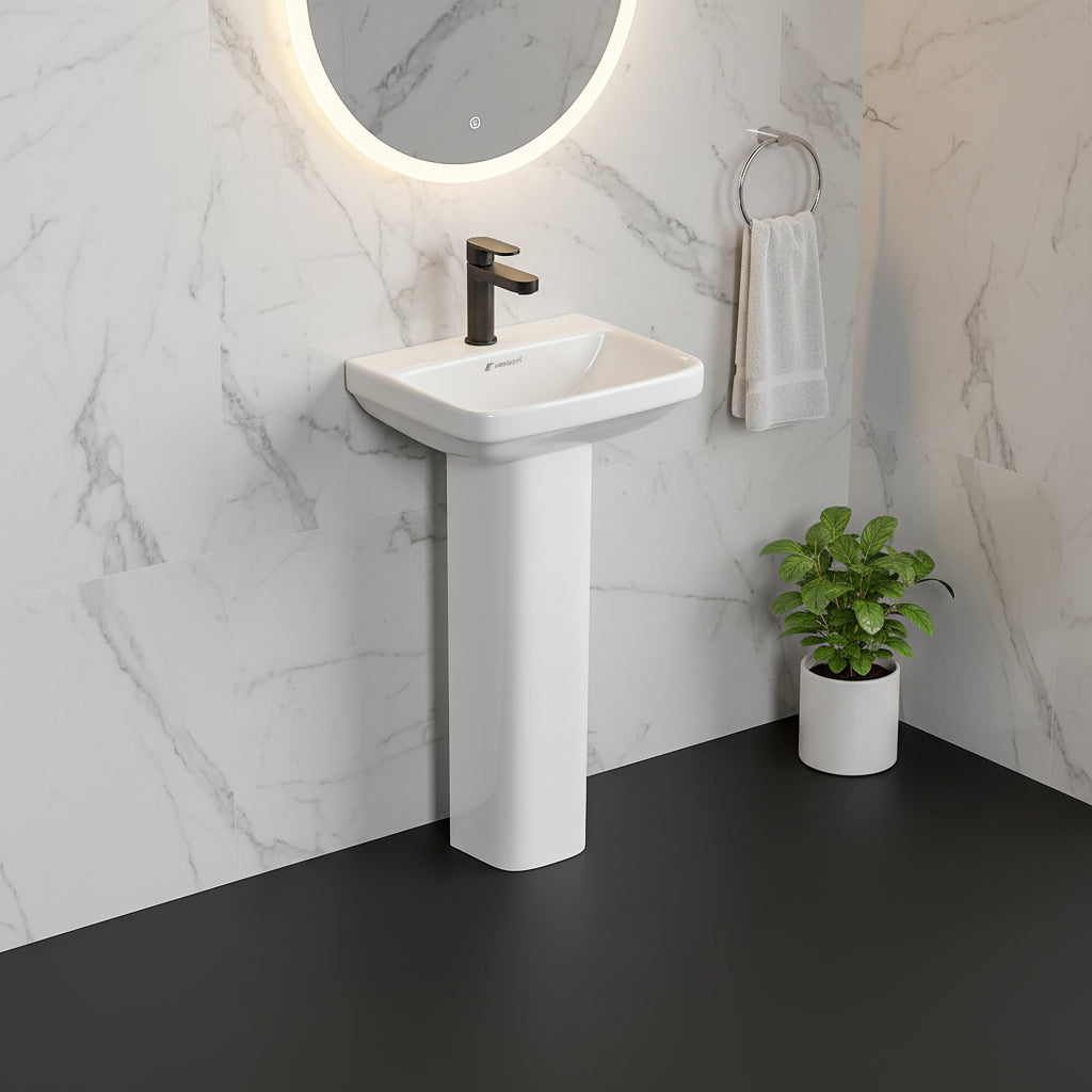 Landtech Infinia LT-118 Wash Basin with Full Pedestal | 455×370×820mm | Ceramic Pedestal Basin | White
