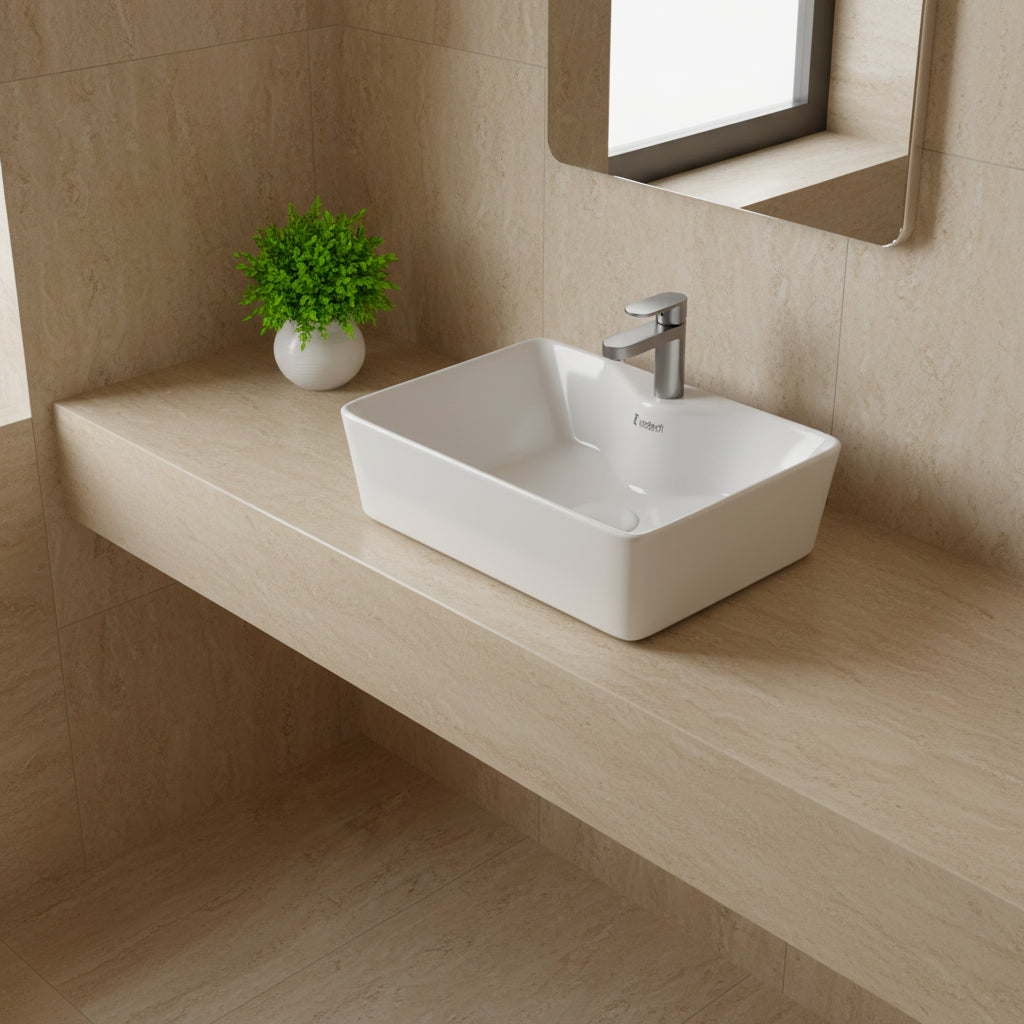 Landtech Roya Elite LT-105 Table Top Wash Basin | 490×380×130mm | Countertop Ceramic Basin | White